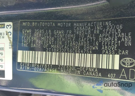 2006 Toyota Corolla Ce from USA, damaged, VIN 2T1BR32E56C664754